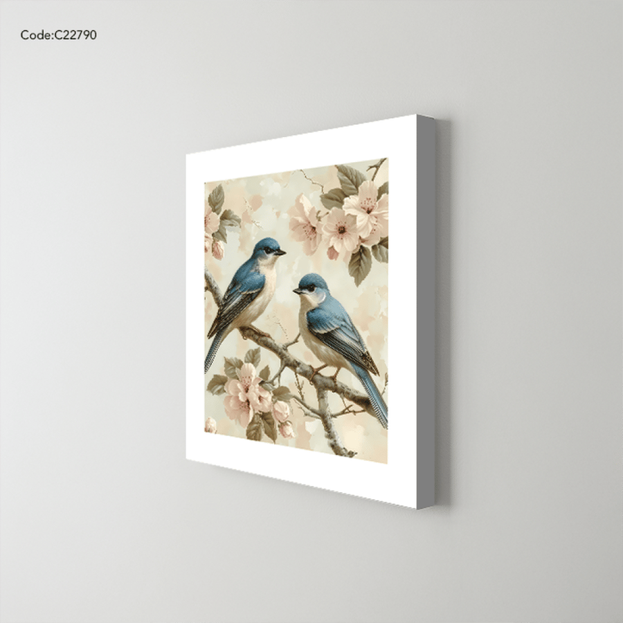 A canvas mural depicting two birds in shades of blue on a branch