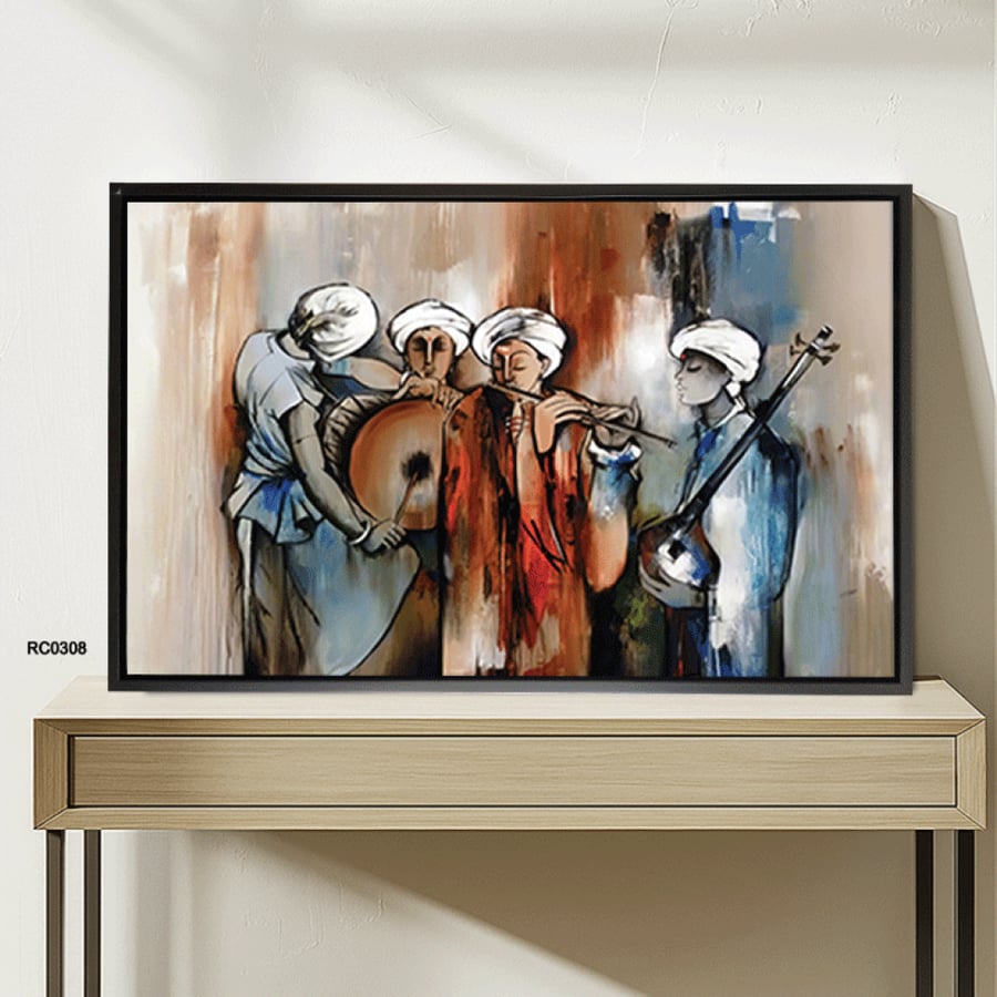 A canvas mural depicting people playing musical instruments; a work of art.