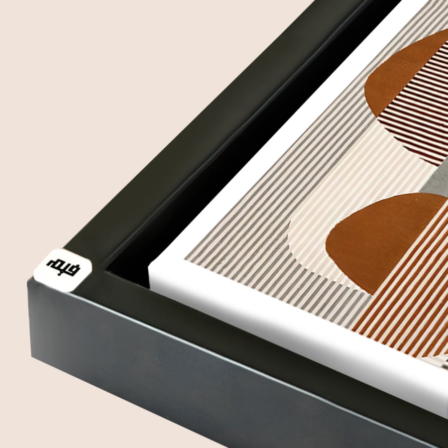 Canvas wall art featuring shapes and lines in shades of brown, black, and beige.