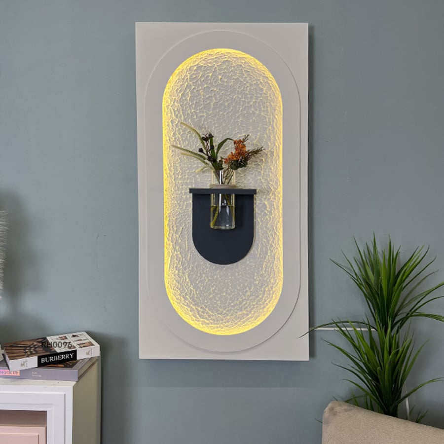 Illuminated wall panel with an arched design and a glass flower shelf