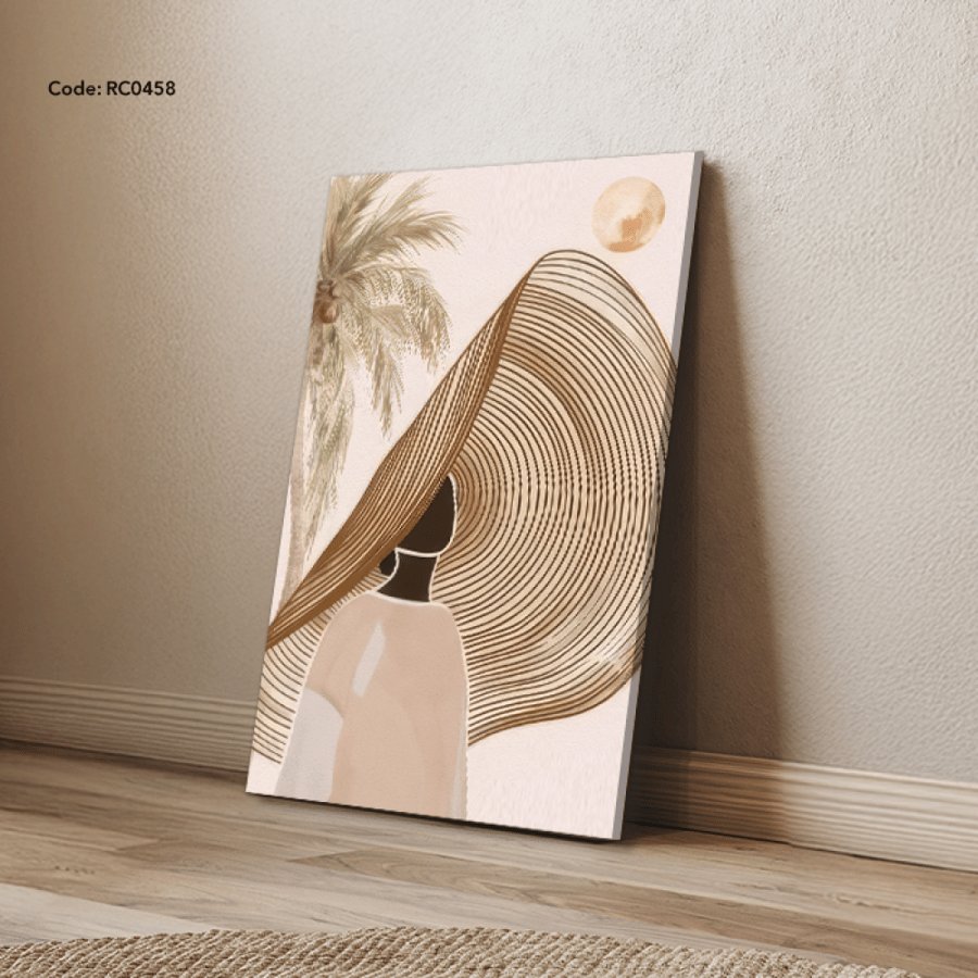 A canvas mural depicting a girl in a large hat in shades of brown, beige, and pink.