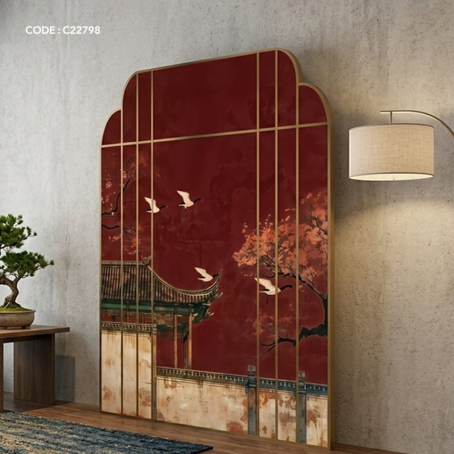 لوحة جدارية بتصميم هندسي مميز تصور جانب من قصر اسيوي شرقي