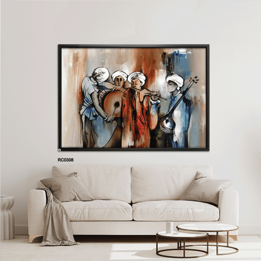 A canvas mural depicting people playing musical instruments; a work of art.