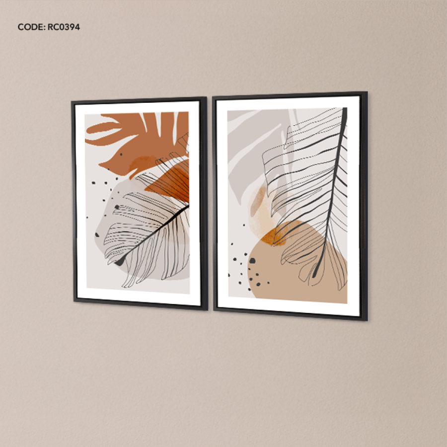 A canvas wall painting depicting leaves in shades of brown, gray, and beige.
