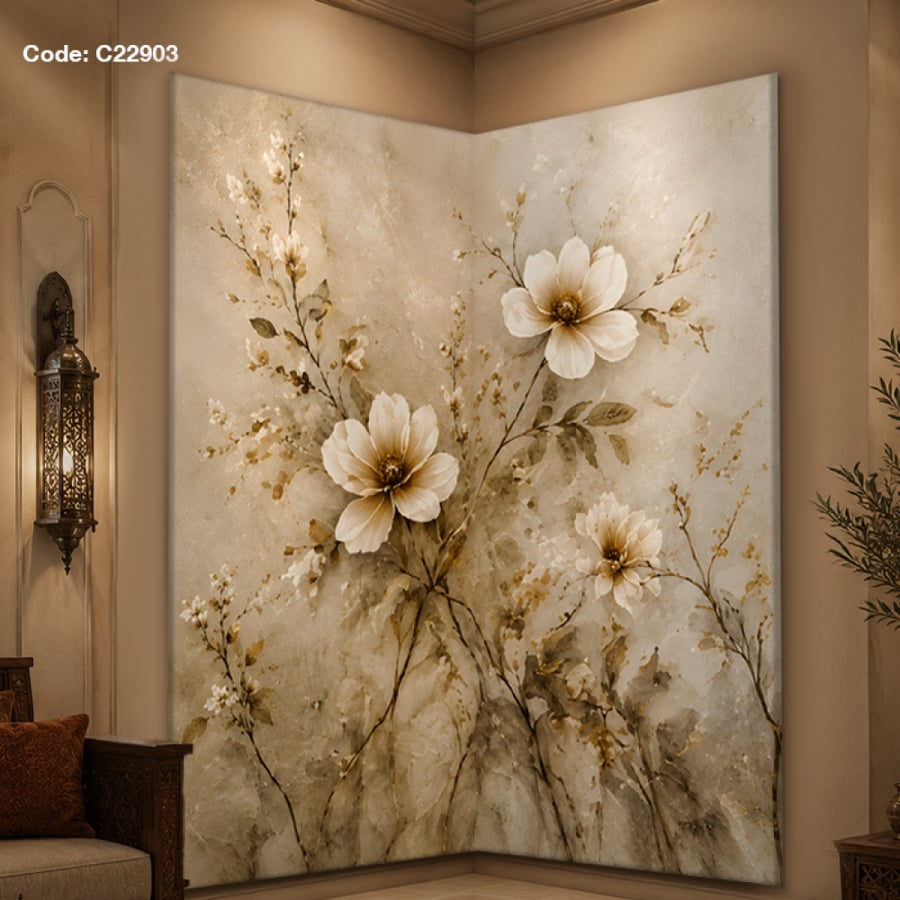 Custom corner wall art on canvas with a delicate design of white flowers