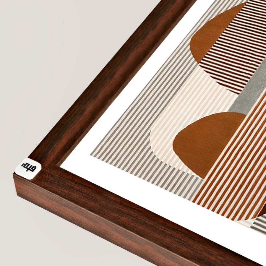 Canvas wall art featuring shapes and lines in shades of brown, black, and beige.