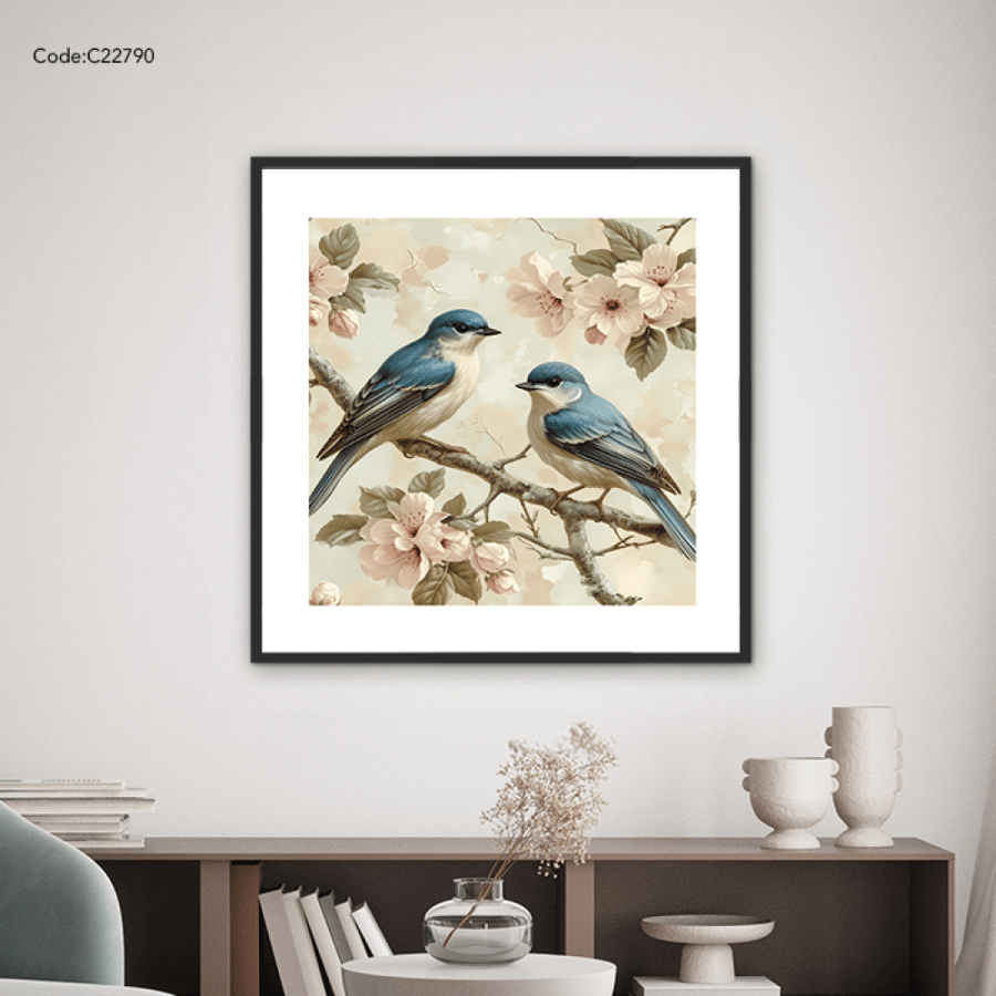 A canvas mural depicting two birds in shades of blue on a branch
