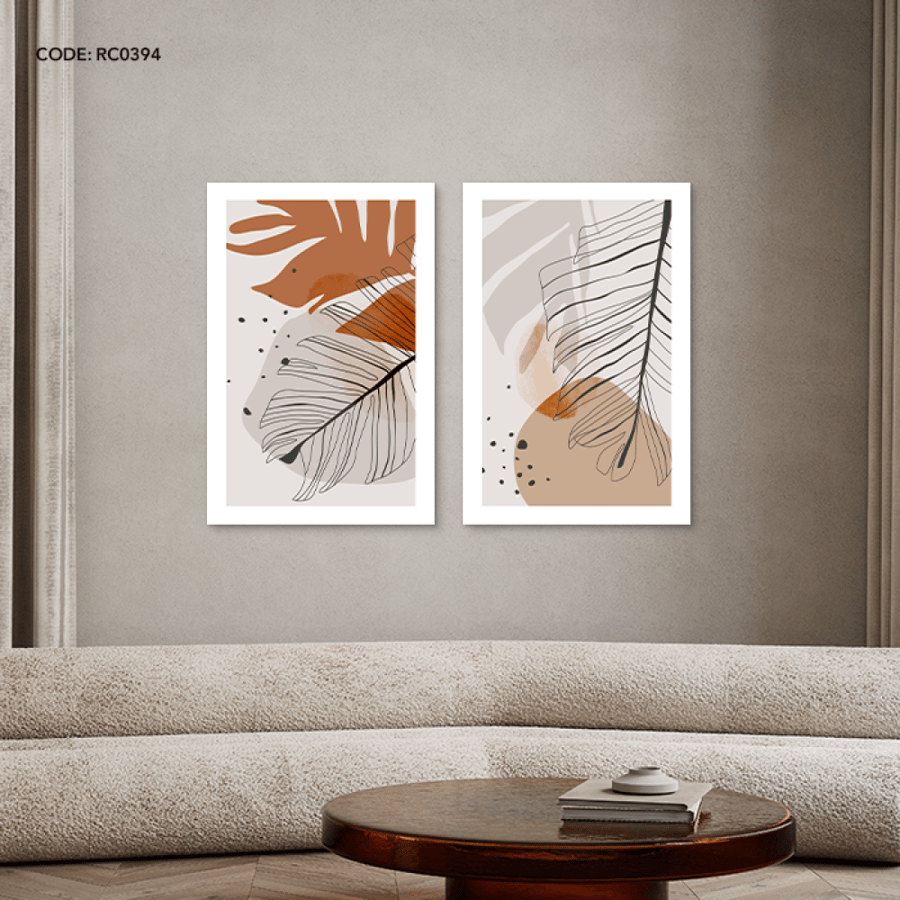 A canvas wall painting depicting leaves in shades of brown, gray, and beige.