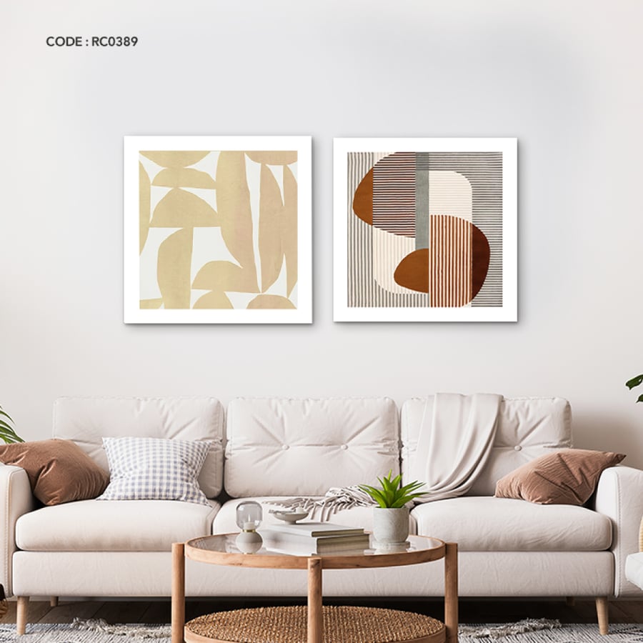 Canvas wall art featuring shapes and lines in shades of brown, black, and beige.