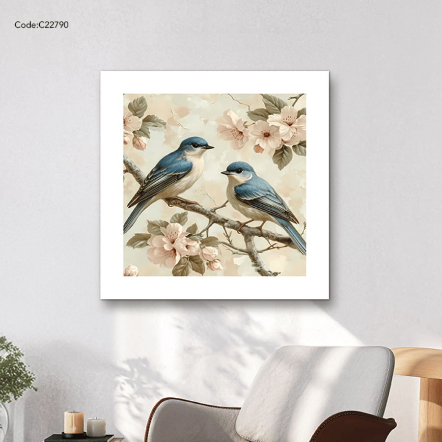 A canvas mural depicting two birds in shades of blue on a branch