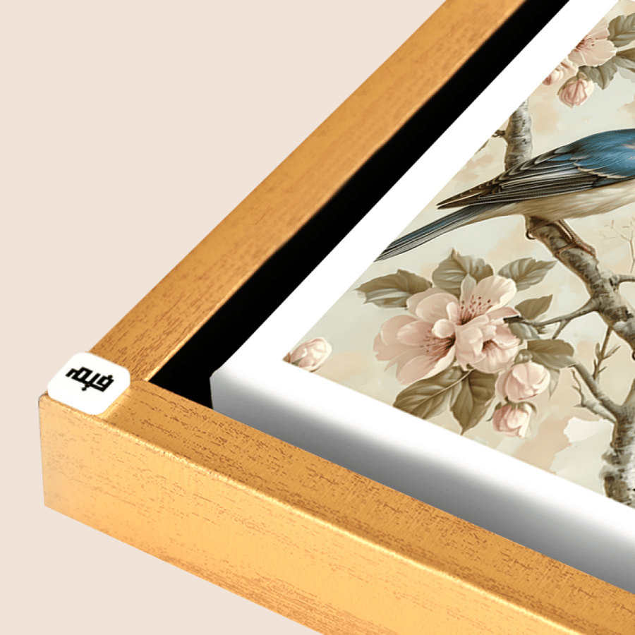 A canvas mural depicting two birds in shades of blue on a branch