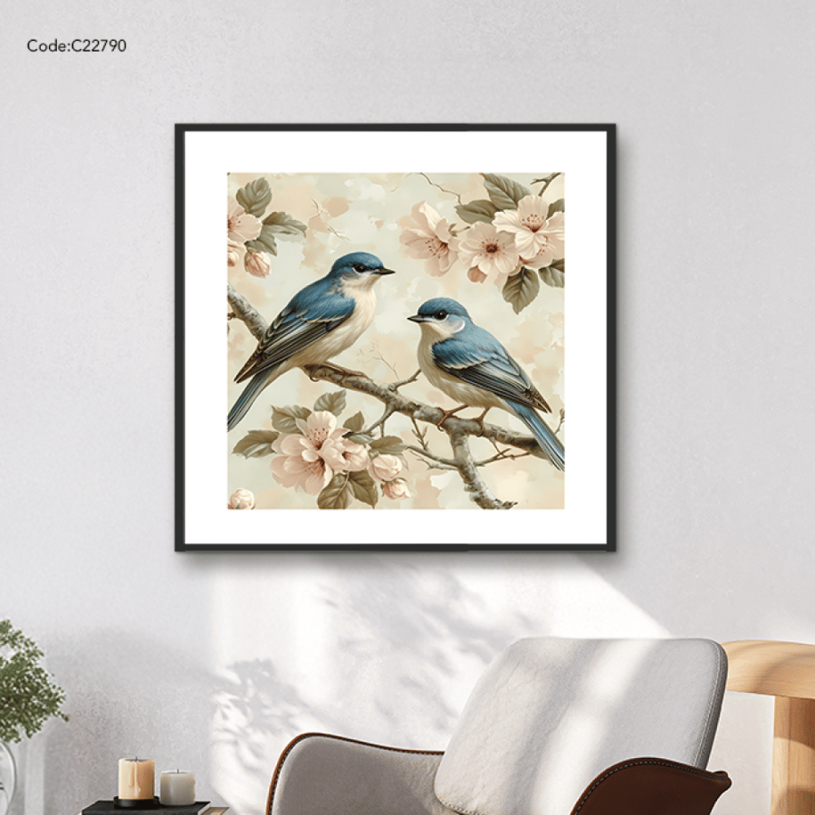 A canvas mural depicting two birds in shades of blue on a branch