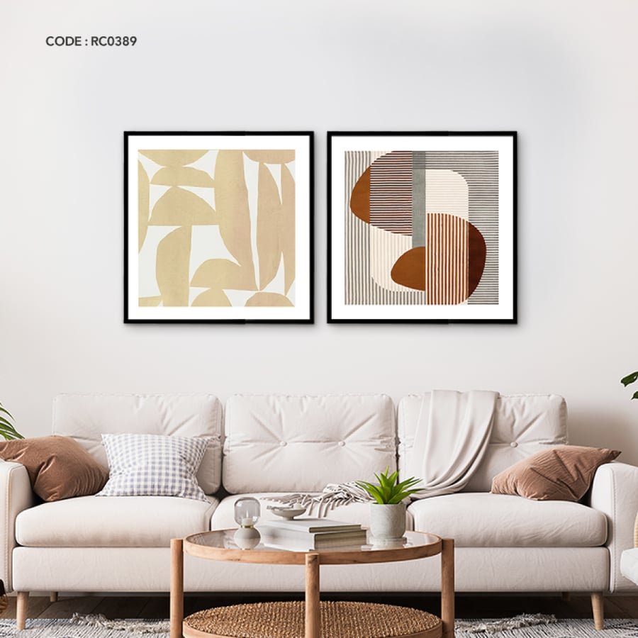 Canvas wall art featuring shapes and lines in shades of brown, black, and beige.
