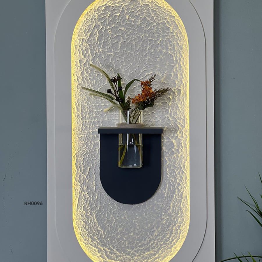 Illuminated wall panel with an arched design and a glass flower shelf