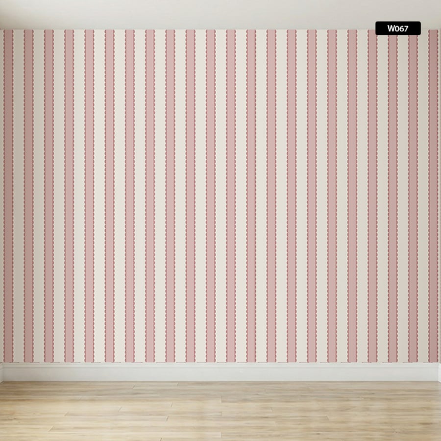 Pink and cream vertical striped wallpaper with a wavy design