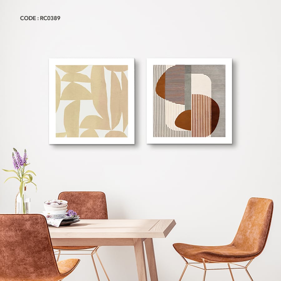 Canvas wall art featuring shapes and lines in shades of brown, black, and beige.