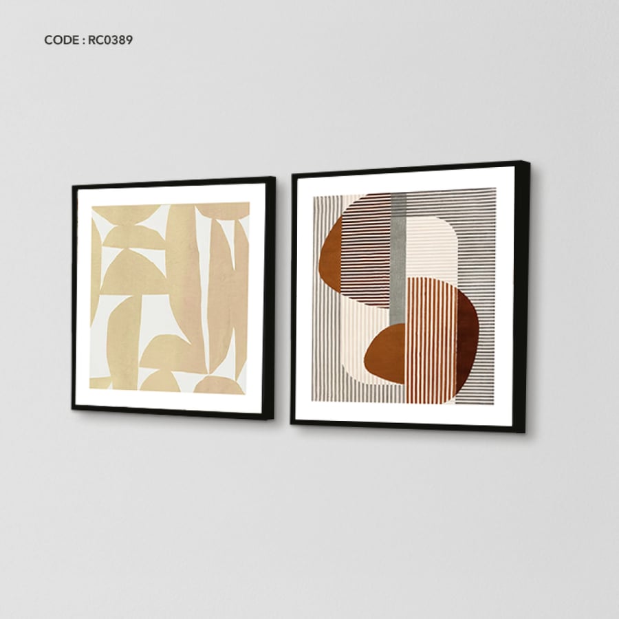 Canvas wall art featuring shapes and lines in shades of brown, black, and beige.