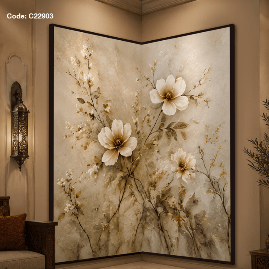 Custom corner wall art on canvas with a delicate design of white flowers
