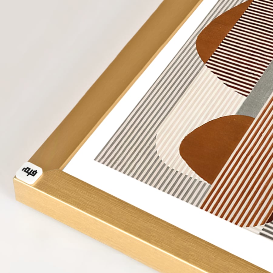 Canvas wall art featuring shapes and lines in shades of brown, black, and beige.