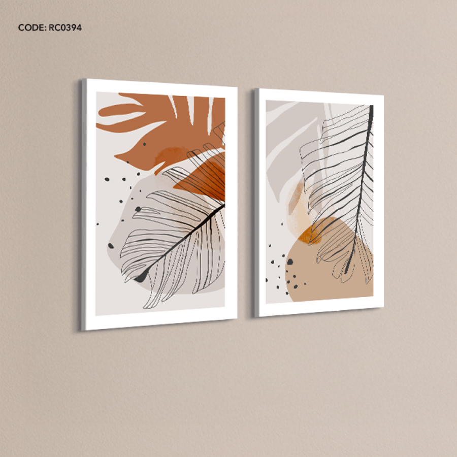 A canvas wall painting depicting leaves in shades of brown, gray, and beige.