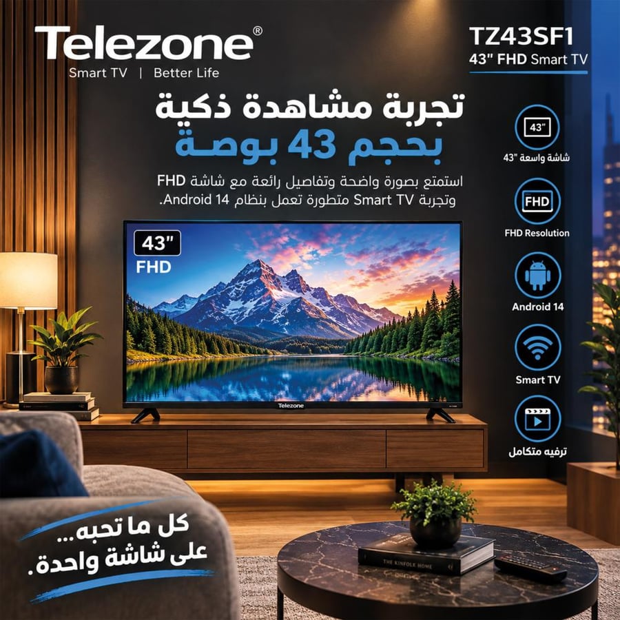 تلفزيون تليزون الذكي 43 بوصة FHD بنظام أندرويد 14