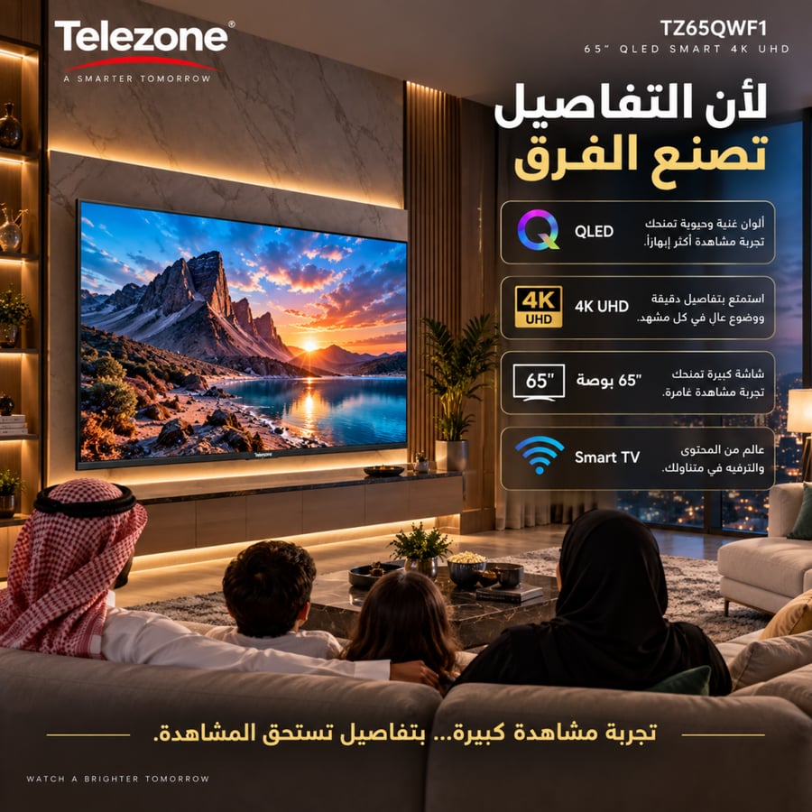تلفزيون تليزون QLED ذكي مقاس 65 بوصة بدقة 4K UHD مدعوم بنظام WebOS Hub