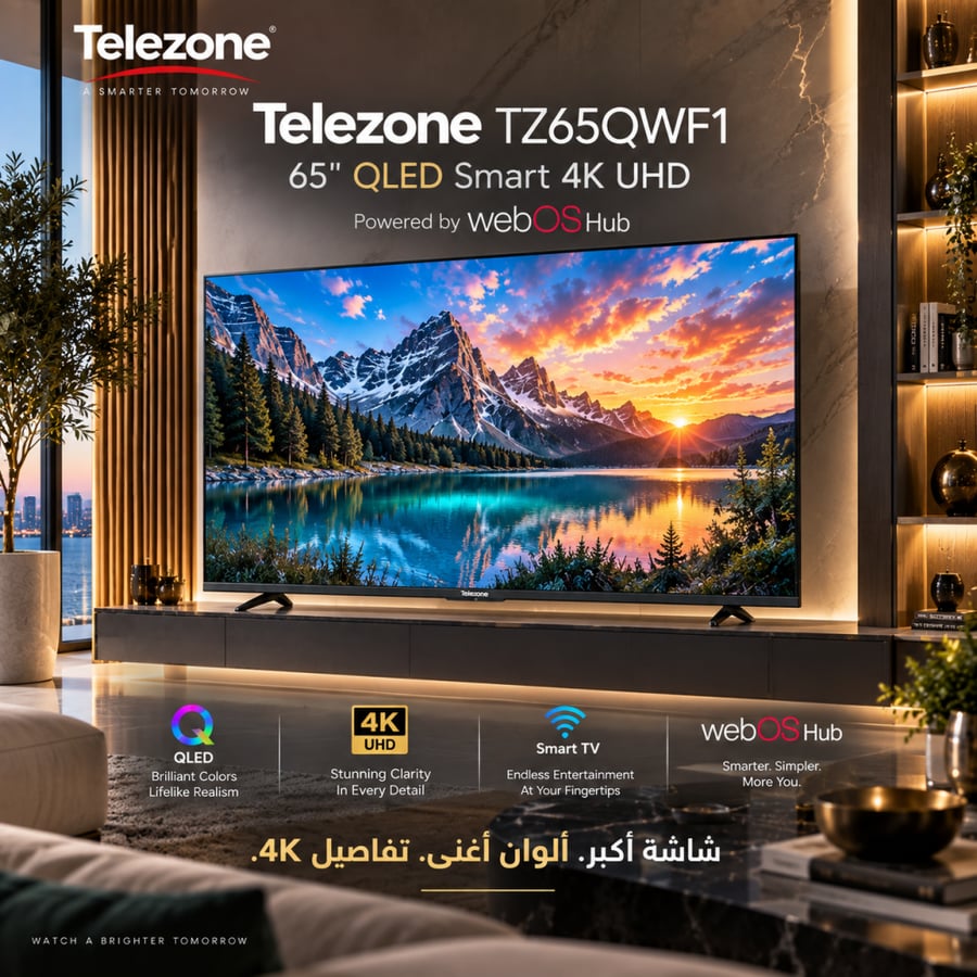 تلفزيون تليزون QLED ذكي مقاس 65 بوصة بدقة 4K UHD مدعوم بنظام WebOS Hub