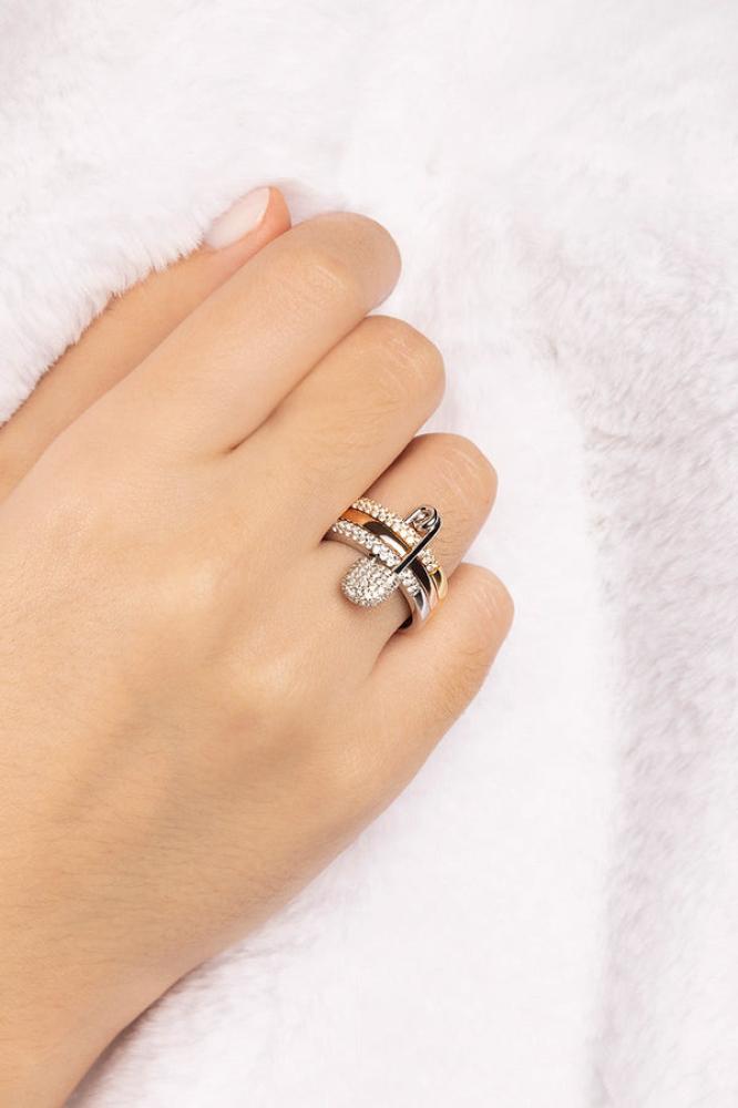 APM Monaco |  morse code  | 18k Rose Gold Plated | خاتم Love, Smile, Bonheur ثلاثي الحلقات بدبوس أمان