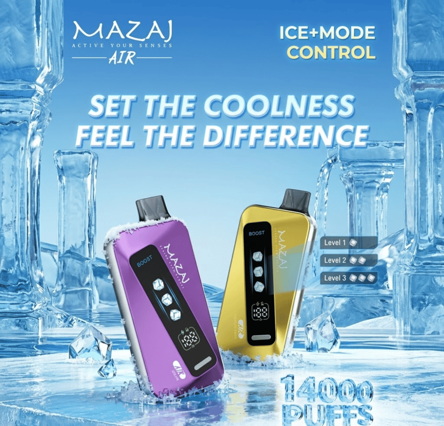MAZAJ AIR سحبة سيجارة مزاج اير 14000 شفطة 50 نيكوتين عدة نكهات استخدام مره واحده