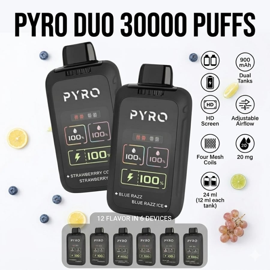 PYRO DUO سحبة سيجارة بيرو دو 30000 شفطة 20 نيكوتين عدة نكهات استخدام مره واحده