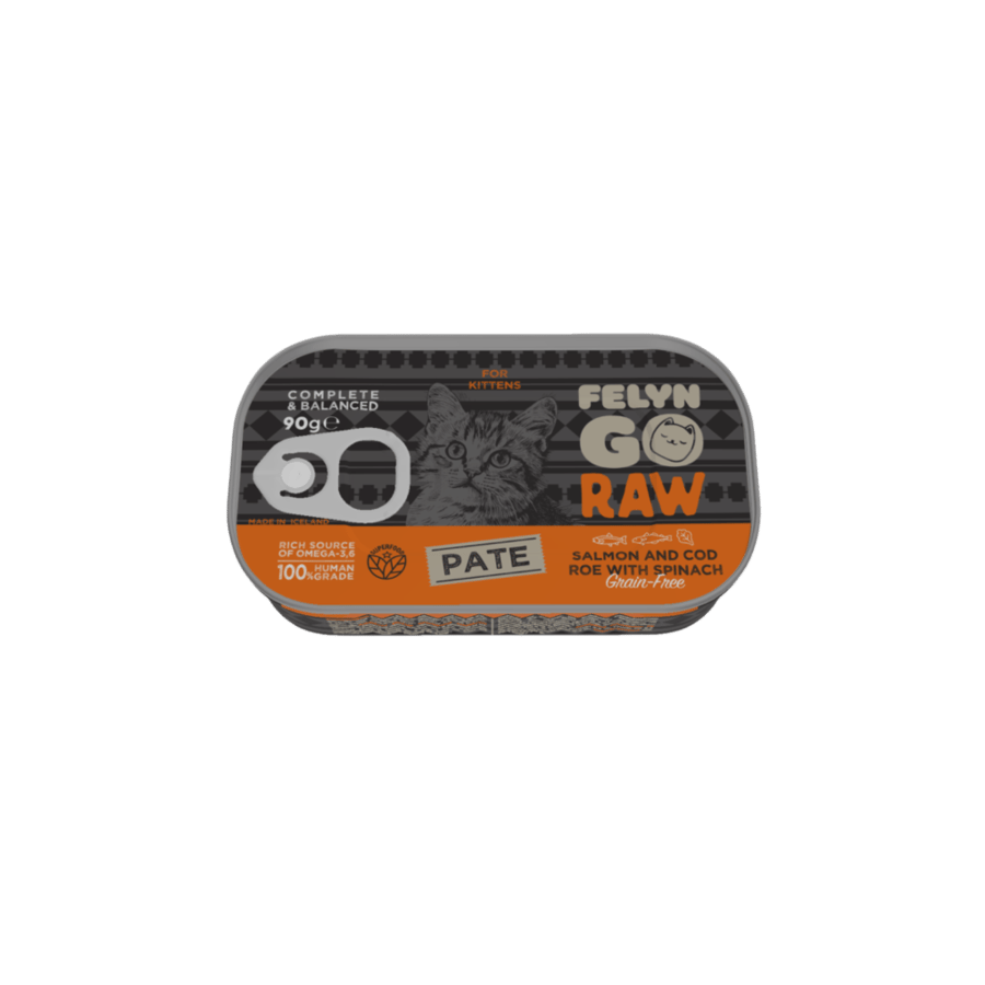 معلبات Raw باتيه للقطط الصغيرة سلمون و بيض مع السبانخ من شركة  Felyn Go