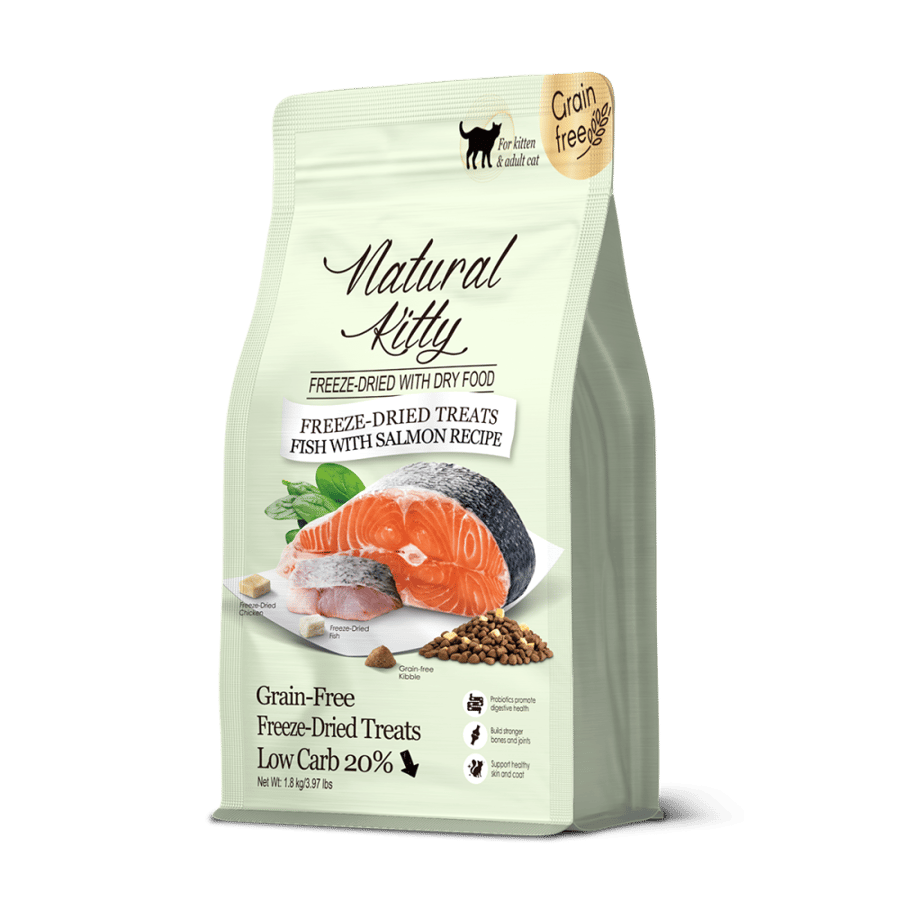 طعام جاف Raw Mix السمك مع السالمون مجفف بالتبريد الطازجة 1.8 كيلو من شركة Natural kitty