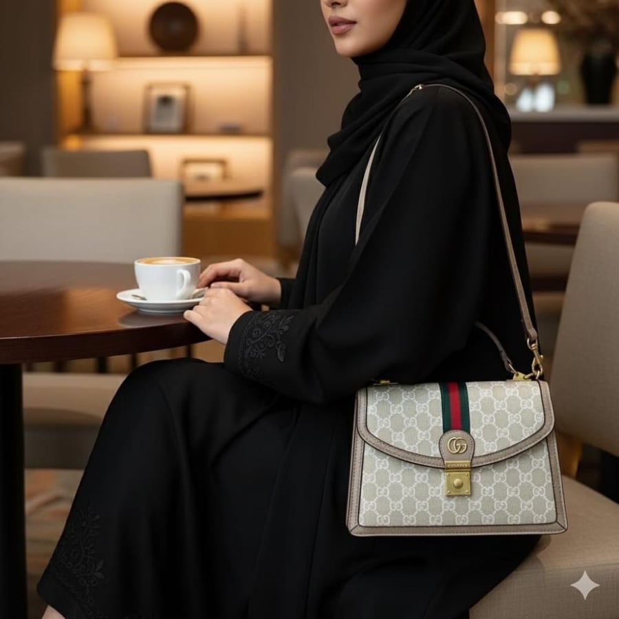 حقيبة Gucci بيج بنقشة GG وشريط كلاسيكي