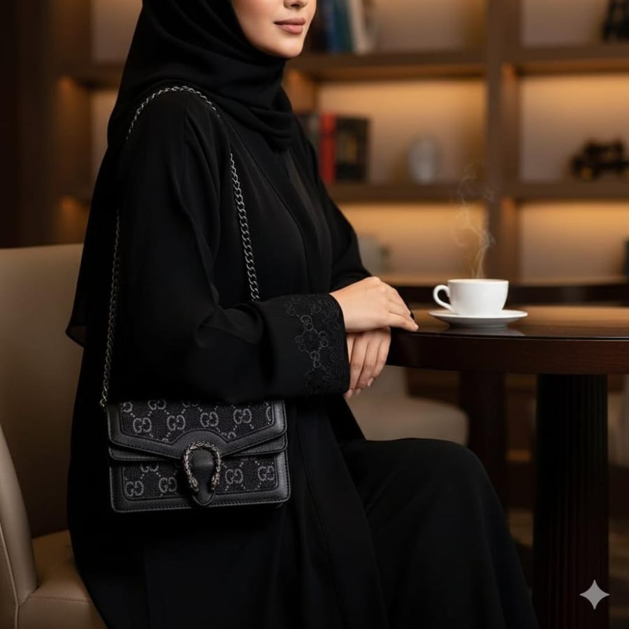 حقيبة سوداء بنقشة شعار فاخر – حضور أنيق وجريء