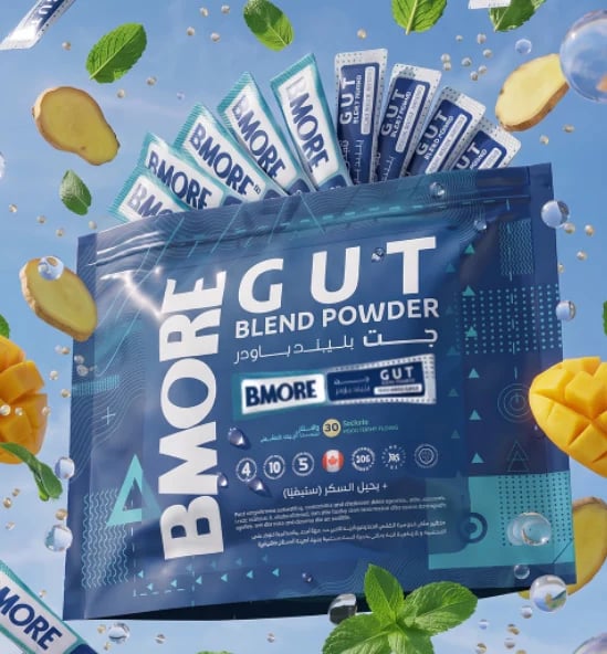 BMORE GUT Blend Powder for Digestive & Gut Health – 6 Billion Probiotics, 4.5g Prebiotic Fiber, and 8 Digestive Enzymes with Apple Cider Vinegar, Ginger, Mint, and Acerola – Mango & Peach Flavor, 30 Sachets, by BMORE Canada
