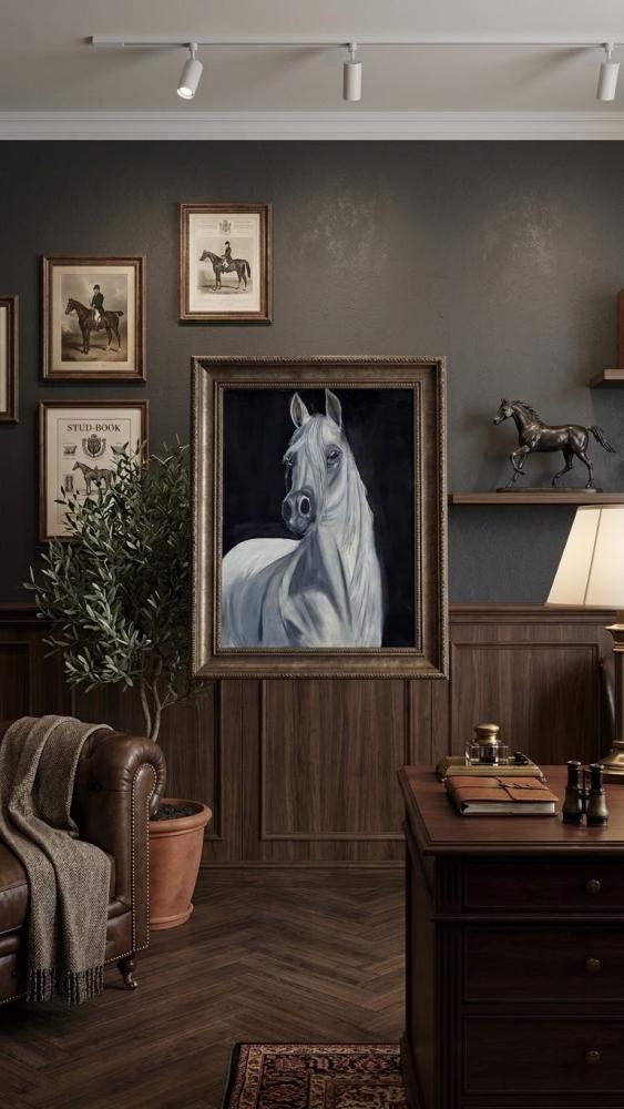 لوحة فنية مرسومة يدويًا للحصان الأبيض