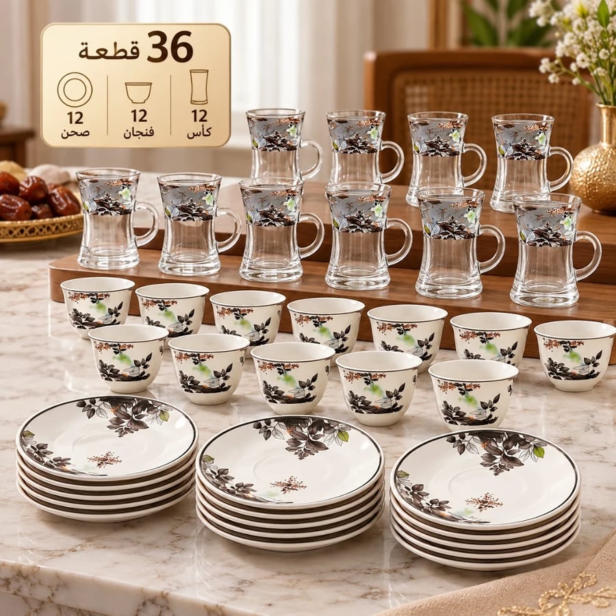 طقم فناجين وبيالات مع صحون 36 قطعة – نقشة زهرية