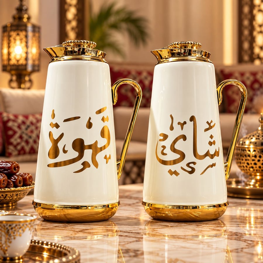 طقم ترامس فاخر بورسلان وزجاج 2 قطعة – 1 لتر لكل ترمس