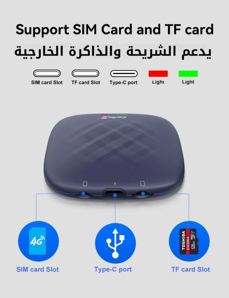 كارلينكيت مشغل Carplay لاسلكي نظام اندرويد 13 بسعة 128GB مع 8GB ذاكرة عشوائية يدعم 4G LTE