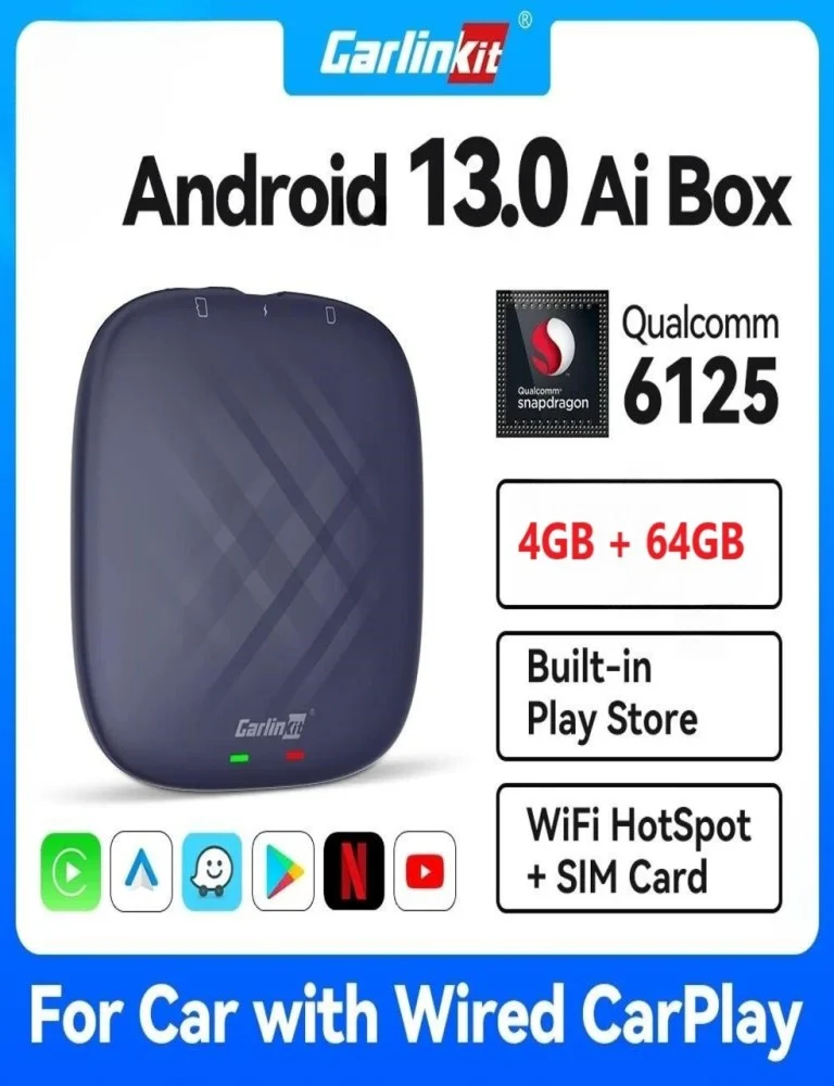 كارلينكيت مشغل Carplay لاسلكي نظام اندرويد 13 بسعة 128GB مع 8GB ذاكرة عشوائية يدعم 4G LTE