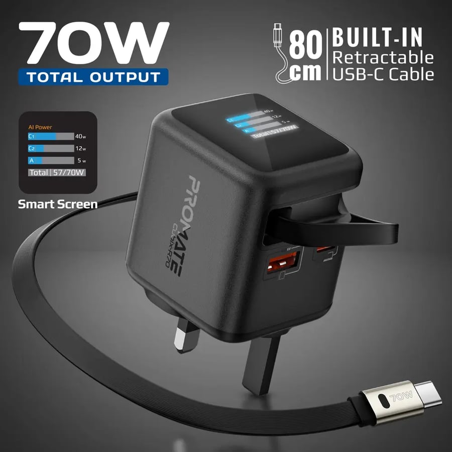 شاحن جداري من بروميت بقوة 70 واط مع كابل USB-C مدمج Cubix-R70