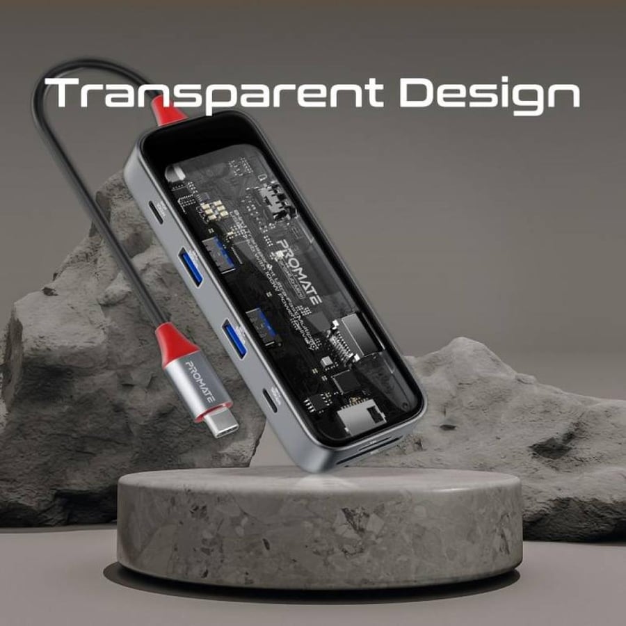 وصلة-موزع بروميت TransHub-Mini النحيف متعدد المنافذ 8 في 1 مع منفذ USB-C لتوصيل الطاقة بقدرة 100 واط، منفذ HDMI يدعم دقة عرض 4K، منافذ مزدوجة USB-A بسرعة نقل البيانات 5 جيجابت في الثانية، منفذ USB-C لنقل البيانات، منفذ شبكة، فتحات SD/TF بسعة 2 تيرابايت -