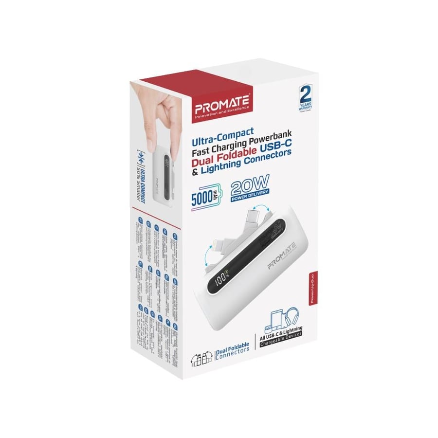Portable battery with Type-C charging and integrated lightning - White PowerUp-Duo.White