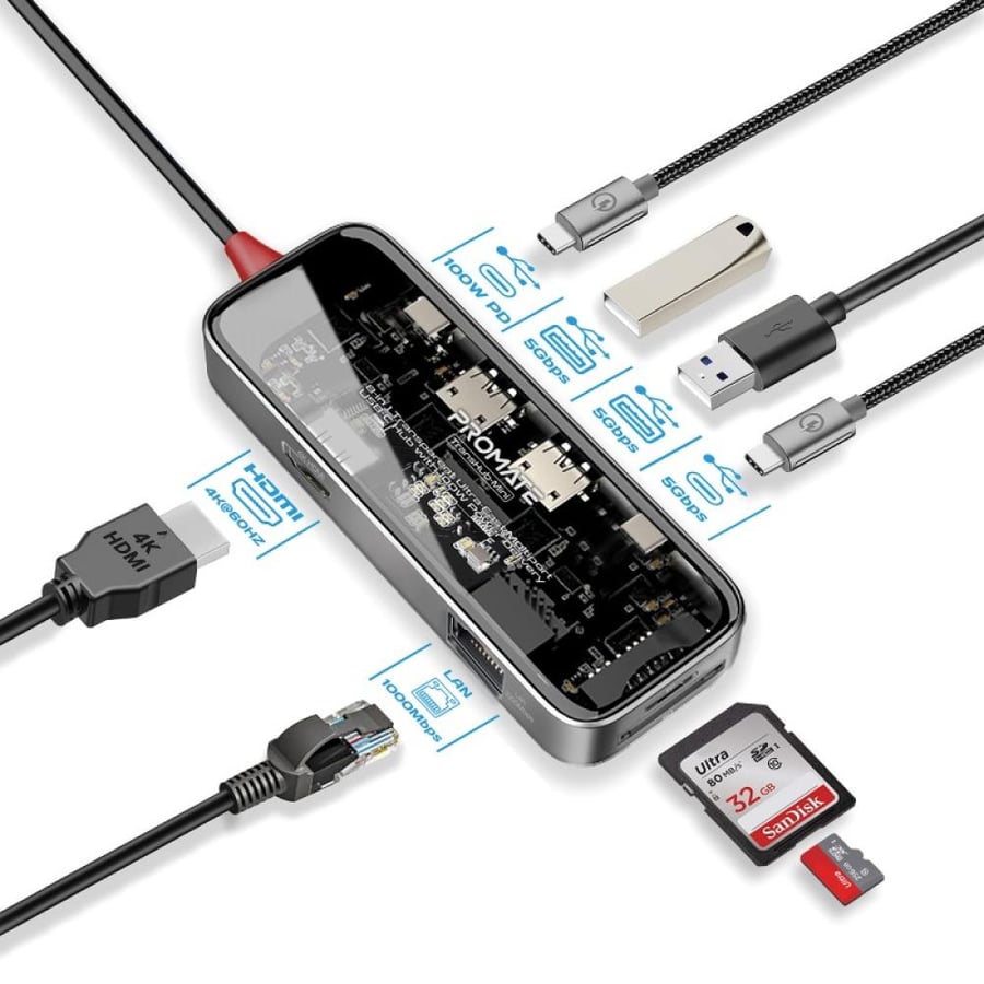 وصلة-موزع بروميت TransHub-Mini النحيف متعدد المنافذ 8 في 1 مع منفذ USB-C لتوصيل الطاقة بقدرة 100 واط، منفذ HDMI يدعم دقة عرض 4K، منافذ مزدوجة USB-A بسرعة نقل البيانات 5 جيجابت في الثانية، منفذ USB-C لنقل البيانات، منفذ شبكة، فتحات SD/TF بسعة 2 تيرابايت -