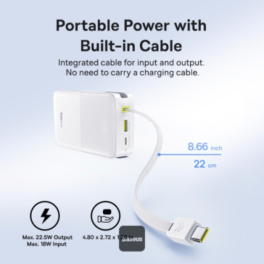 Baseus باور بانك EnerFill Bipow2 Pro 20000mAh بكابل USB-C مدمج وشحن سريع 22.5 واط وشاشة LED