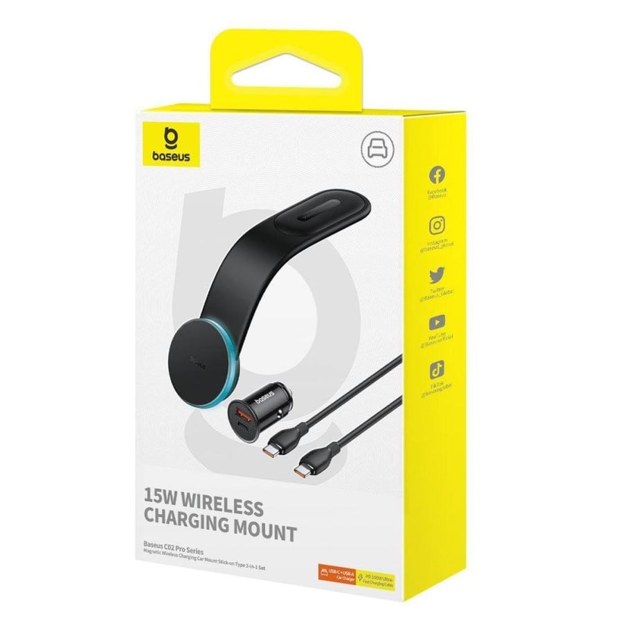 كمبو بيسوس حامل جوال C02 Pro مغناطيسي يدعم شحن لاسلكي بقوة 15 واط وشاحن سيارة بمنفذين USB-A و USB-C بقوة 30 واط وكيبل USB-C إلى USB-C