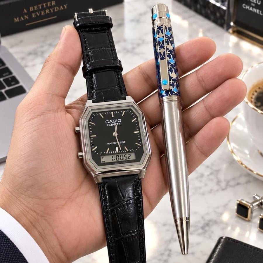 ساعة كاسيو جلد CASIO VINTAGE  مع قلم هدية