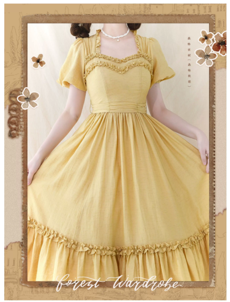 【Forest Wardrobe】فستان ريفي كلاسيكي بياقة مربعة وأكتاف مكشكشة "أغنية الغابة" من براند خزانة الغابة