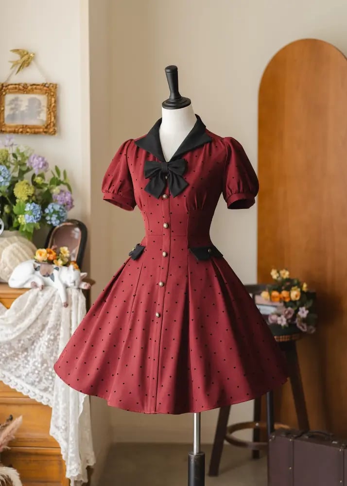 【Forest Wardrobe】فستان صيفي كلاسيكي بنقشة نقاط القلوب "ندى الغابة" (CLA) من براند خزانة الغابة