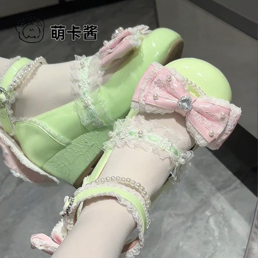 【MoeKa】(عدة الوان) حذاء  بأسلوب JK و Mary Jane بكعب ويدج (Wedge) متوسط، حذاء جلدي أسلوب Lolita.